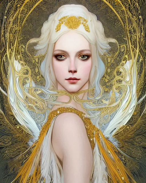 Image similar to portrait of an ethereal woman with pale hair and gold eyes wearing a flowing white and gold gown surrounded by feather motifs in the style of ilya kuvshinov and greg rutkowski and alphonse mucha and kay nielsen and ross tran and artgerm, intricate, digital painting, concept art