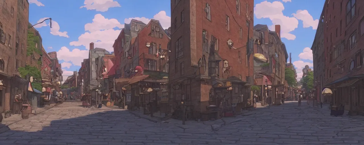 Prompt: A screenshot of the old port in old montreal city street in the scene in the Ghibli anime film, pretty rim highlights and specular