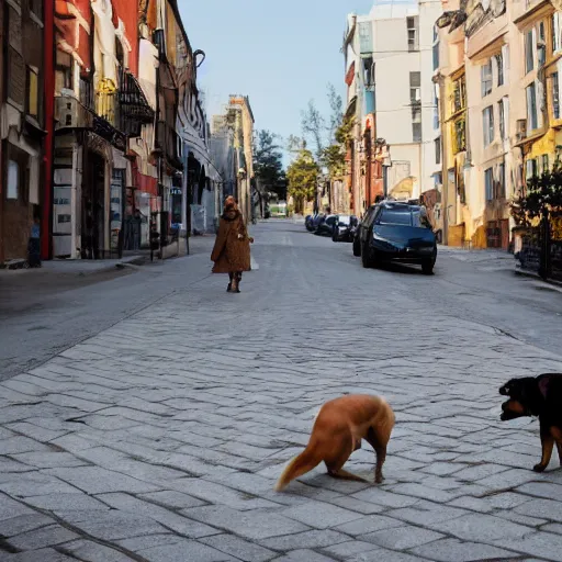 Prompt: Two dogs on the street.