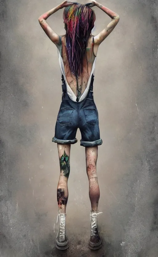 Prompt: grungy woman, rainbow hair, soft eyes and narrow chin, dainty figure, long hair straight down, torn overalls, skimpy shorts, combat boots, basic white background, side boob, in the rain, wet t shirt, wet skin, symmetrical, single person, style of by Jordan Grimmer and greg rutkowski, crisp lines and color,