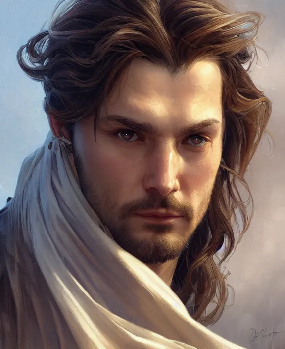 Image similar to portrait close up of guy, concentrated look, symmetry, long hair. d & d, fantasy, intricate, elegant, highly detailed, digital painting, artstation, concept art, art by artgerm and greg rutkowski and alphonse mucha, boris vallejo