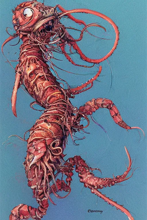 Image similar to skrimp, shrimpman biomechanical axolotl tentacle fish, masterpiece, intricate, elegant, highly detailed, digital painting, smooth, sharp focus, illustration, art by james gurney, graeme base, brian froud, alan lee