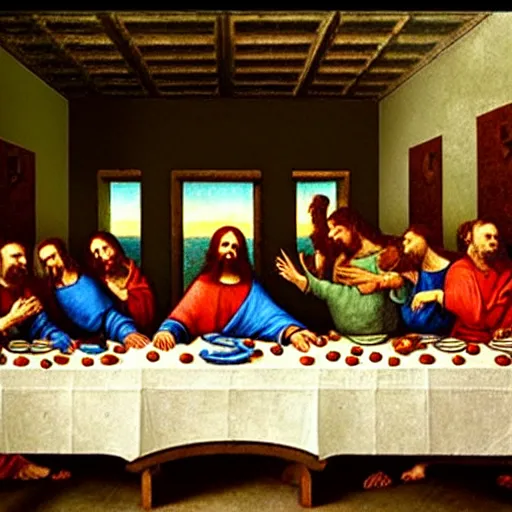 Image similar to The Last Supper by Da Vinci but Shrek instead of Jesus