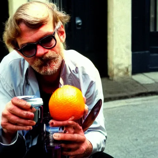 Image similar to hugh hopper on a street corner eating an orange and sipping pepsi