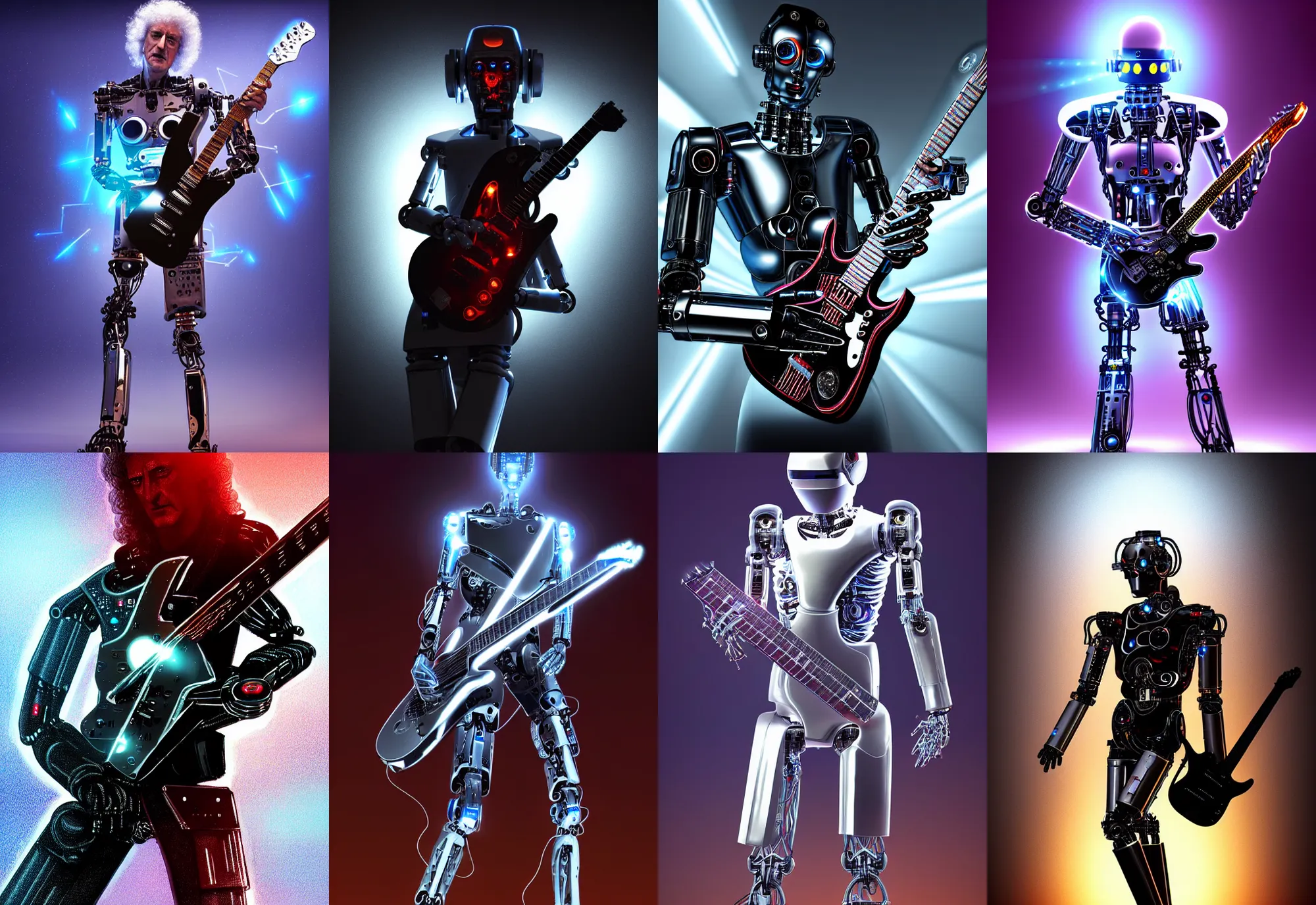 Prompt: a cybernetic cyborg robot android ( ( ( brian may ) ) ) holding an electric guitar, leds, chrome, science fiction, concept art, atmospheric, volumetric light, very realistic, highly detailed digital art