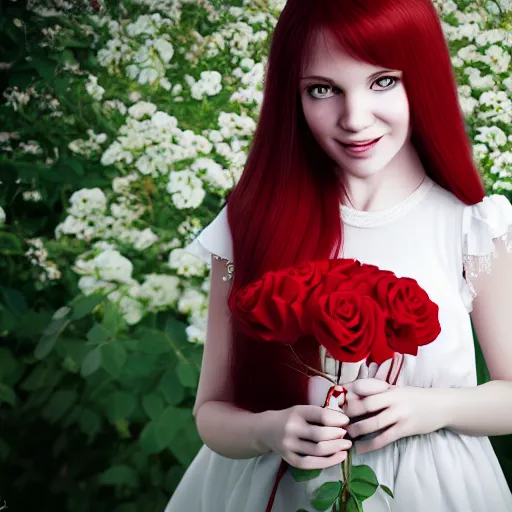 Prompt: Photo portrait, cute teen girl with red hair dressed in white baby doll dress smiling, wearing natural makeup, holding a bouquet of roses in her hands, ultrarealistic, hyperrealism, cinematic, intricate detail, 3D rendered, photo realistic, clean detail, octane rendering, vray, unreal engine 5, 8k