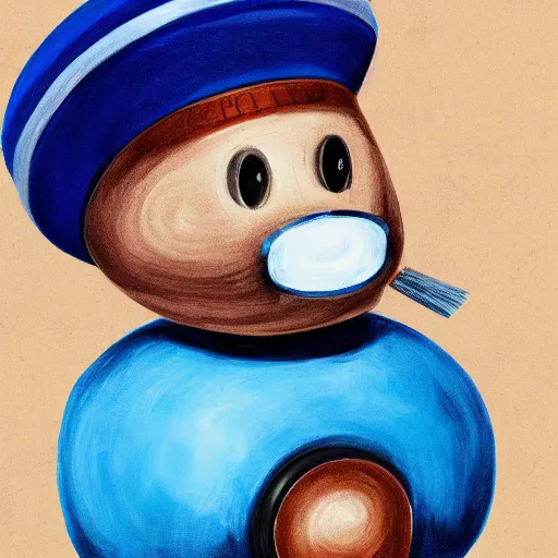 Prompt: Cute round blue robot with mustache and french beret holding a brush, portrait, photorealism