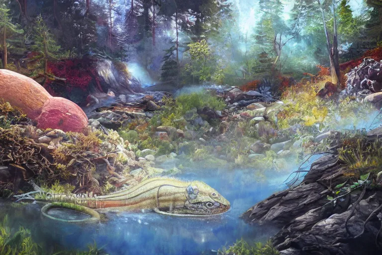 Image similar to highly detailed oil painting of a crytal lizard sitting in a steaming colorful hotspring with woodland forest backdrop, featured on artstation