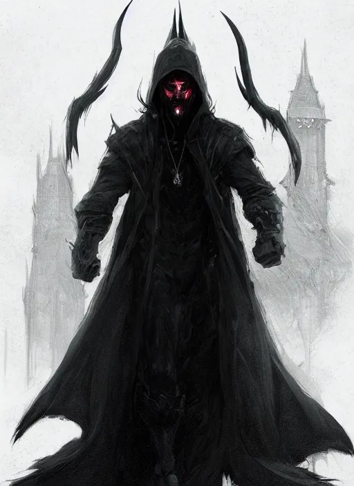 Prompt: A concept art of a human in a long black coat, black smoke aura, half-beast, half-man, evil look, demon hunter hat. In style of Hyung-tae Kim, Greg Rutkowski and Larry Elmore, concept art, trending on ArtStation, Korean MMORPG, over-detailed art, 8K, epic, dynamic lightning, dynamic pose, half body portrait.