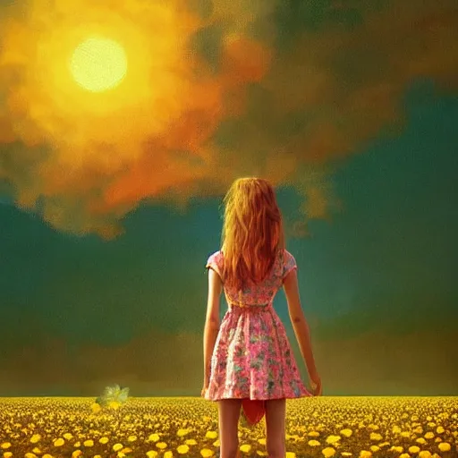 Image similar to head and face made of giant daisies, girl standing barefoot in a flower field, holding flowers, surreal photography, sunrise dramatic light, impressionist painting, colorful clouds, large sky, digital painting, artstation, simon stalenhag, flower face