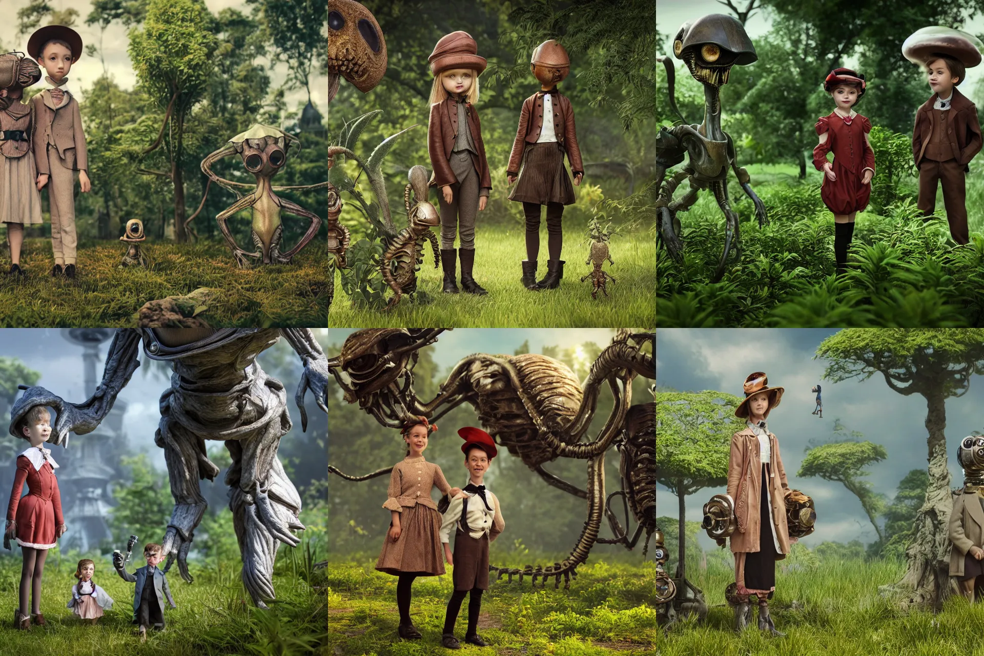 Prompt: detailed, sharp, a girl and a boy standing next to some alien plants, looking happy, wearing 1800s era clothes, their small pet alien creature is standing nearby, in a park on an alien planet, steampunk, extremely highly detailed, hyperrealistic, octane render, 8k, HD, good lighting