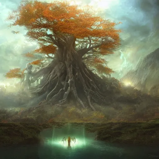 Image similar to Tree of life, epic scene, paint by Raymond Swanland
