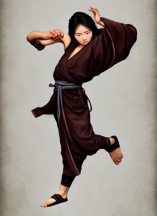 Image similar to portrait of a female drunken master monk exercising by wlop, wuxia, xianxia, drunken boxing, drunken fist, drunken master, dark olive skin, athletic, playful, beautiful, fully clothed, monk's robe, detailed, realistic, anatomically accurate, fantasy illustration, artstation, wlop.