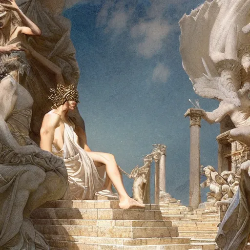 Image similar to From the head of Zeus birth of Athena, hyperrealism, no blur, 4k resolution, ultra detailed, style of Greg Rutkowski, Carlos Schwabe, Dragan Bibin, Carl Spitzweg, Georges Desvallières, Tyler Edlin