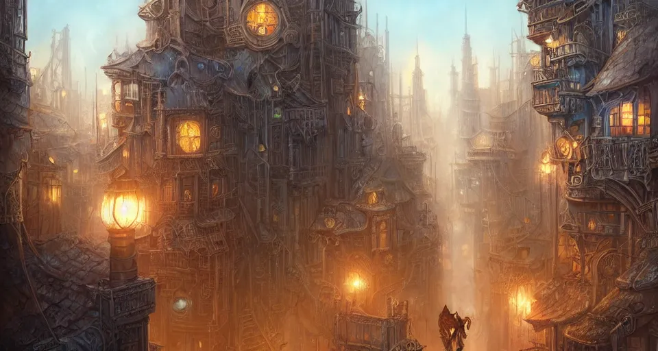 Image similar to landscape painting of fantasy metal steampunk city that has a light blue glow with walkways and lit windows and you can very clearly see a fine detailed hooded thief in browns leathers climbing one of the tall buildings using a rope, fine details, magali villeneuve, artgerm, rutkowski