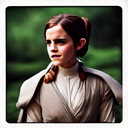 Image similar to film still of emma watson as princess leia organa in star wars, polaroid, photography, film, kodak, beautiful landscape, alderaan, green, trees, foliage, futuristic buildings