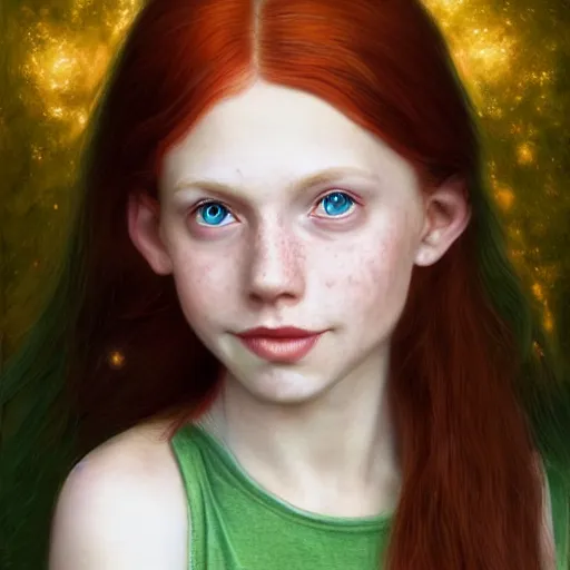 Image similar to a highly detailed, hyper realistic, red haired girl, with long hair, green eyes, hint of freckles, gentle face, cheeky smile, among golden fireflies, deep focus, elegant, digital painting, smooth, sharp focus, golden ratio, illustration, ultra realistic, 8 k, art by artgerm and caravaggio