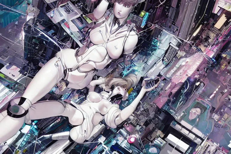 Image similar to a finely composed cyberpunk illustration of a group of white female androids' in style of hajime sorayama, lying scattered over an abstract, empty, white floor, by masamune shirow and katsuhiro otomo, hyper-detailed, colorful, view from above, wide angle, close up, spacious