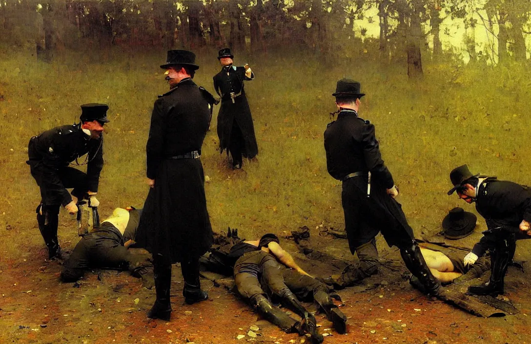 Image similar to victorian policeman finding a dead body, 1 8 9 0 s, detailed painting, epic lighting, by ilya repin, phil hale and kent williams