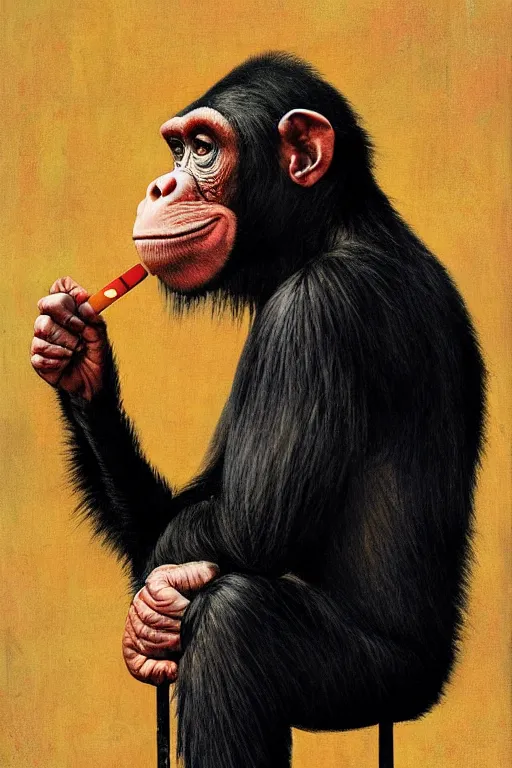 Image similar to a chimp in a clown suit smoking a cigarette, painted by Norman Rockwell