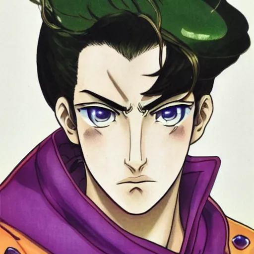 Image similar to A character drawn by Hirohiko Araki, Araki style, painting coloring, very thick and defined lineart, face close-up