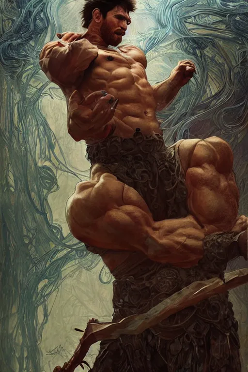 Image similar to portrait of lionel messi as a hulking herculean demon, forest, godlike, full body, fantasy, intricate, elegant, highly detailed, digital painting, artstation, concept art, sharp focus, illustration, art by artgerm and greg rutkowski and alphonse mucha