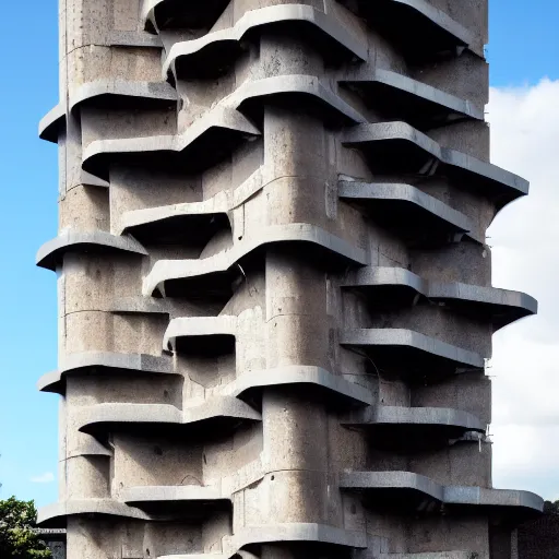 Image similar to a giant brutalist wizard tower built in brutalist architecture, diverse unique building geometry full of shapes and corners, with a narrower base than the top of the tower