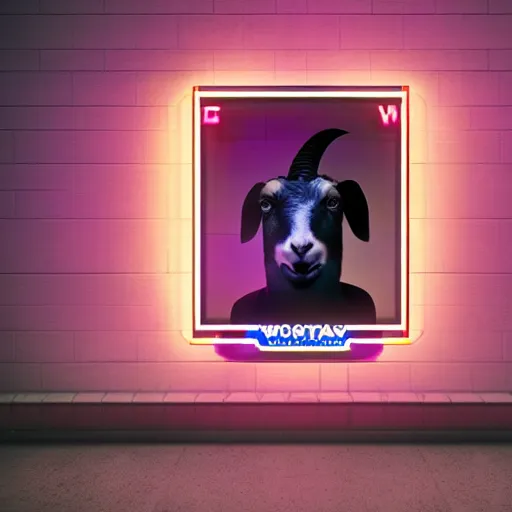 Image similar to stylish goat in a white jacket, retrowave, neon light,