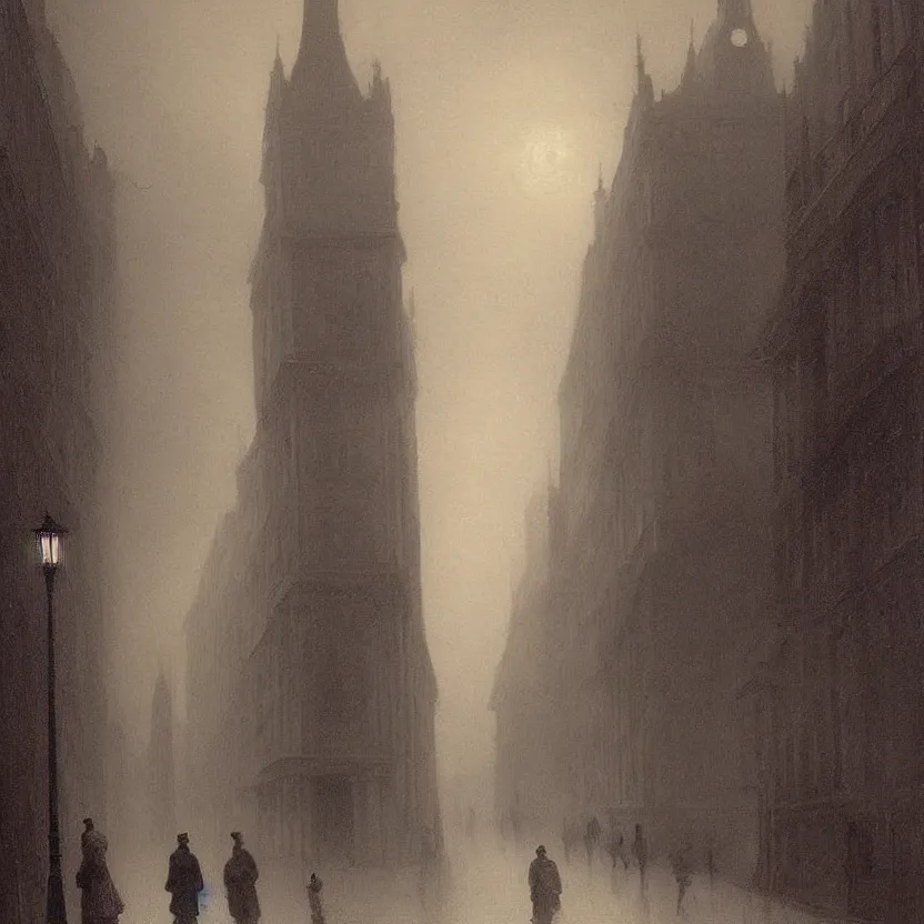 Prompt: beautiful painting of old London street scene spooky dark fog , Carl Gustav Carus