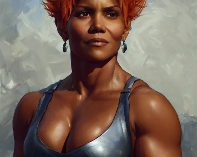 Image similar to greg manchess portrait painting of smug halle berry as beautiful thick female bodybuilder zarya from overwatch, medium shot, asymmetrical, profile picture, organic painting, sunny day, matte painting, bold shapes, hard edges, street art, trending on artstation, by huang guangjian and gil elvgren and sachin teng