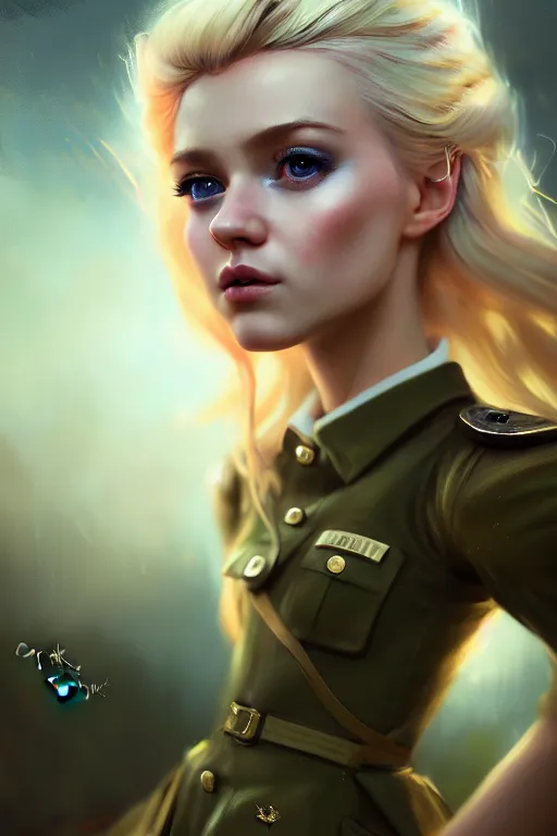 Image similar to cinematic shot of an epic portrait of a cute blonde fairy dressed in military clothes, stylised military clothes, shiny skin, beautiful eyes, beautiful, small details, night setting, realistic poster with volumetric light from craig mallism, artgerm, jeremy lipkin and michael garmash, unreal engine, radiant light, digital art, trends at art station, a masterpiece