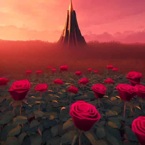 Prompt: photo of a dark tower in the center of a field of roses. golden hour. photorealism. octane render. 4 k trends on artstation. canon mark 3