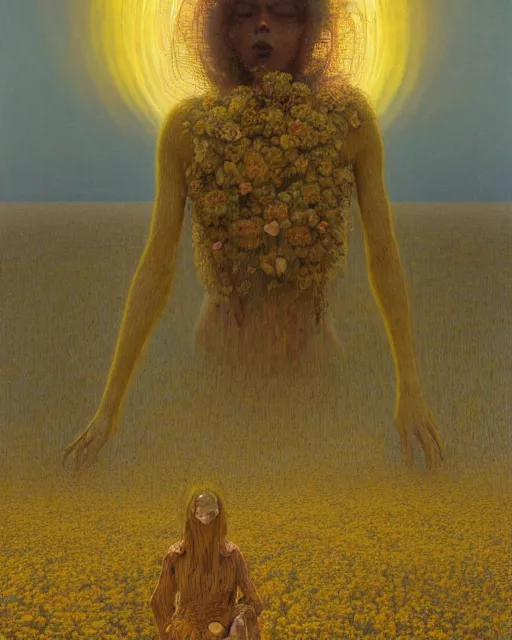 Image similar to A portrait of a woman wearing clothes made out of dying flowers, nuclear explosion in the background, Masterpiece, yellow skin, glowing, wires everywhere, by Edgar Maxence and Ross Tran, Zdzisław Beksiński, and Michael Whelan, distant, gustav dore, H.R. Giger, 8k, octane render