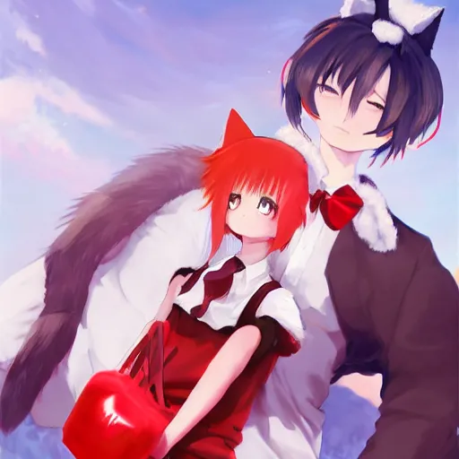 Image similar to anime woman with fluffy cat ears holding a bag of sugar, a little boy wearing white shirt and red tie, digital artwork, in the style of krenz cushart y eddie mendoza and tyler edlin