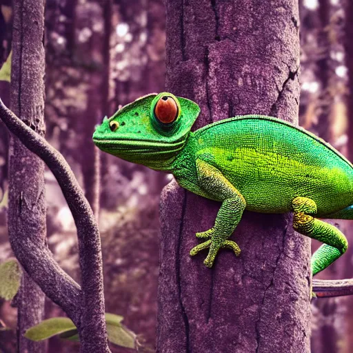 Prompt: enormous chameleon in the forest, 8 k, made in octane, hyperrealism,