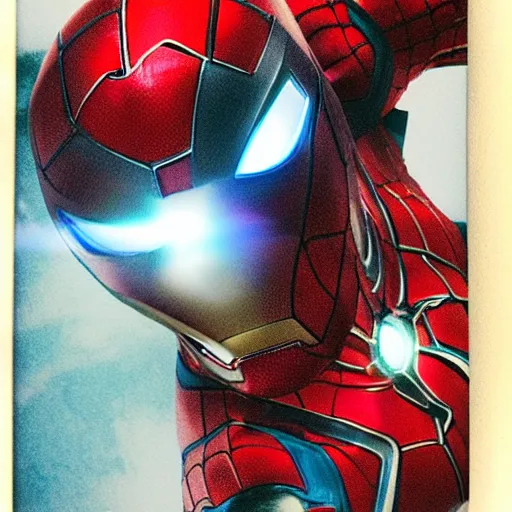 Image similar to a single iron man and spider - man hybrid, dslr, polaroid