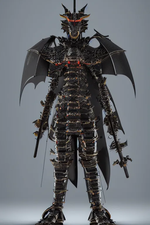 Prompt: a mechanical dragon samurai in black japanese armor, full body, ultra detailed, octane render, 8k