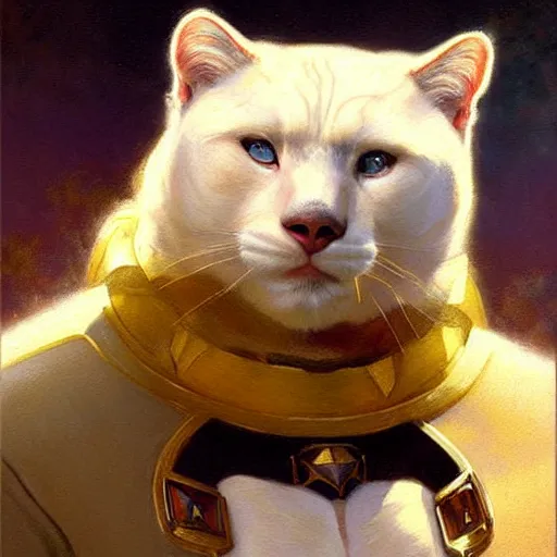 Image similar to a portrait of a manly bear white cat feline, blue eyes, star trek the next generation. highly detailed painting by gaston bussiere, craig mullins, j. c. leyendecker, furry