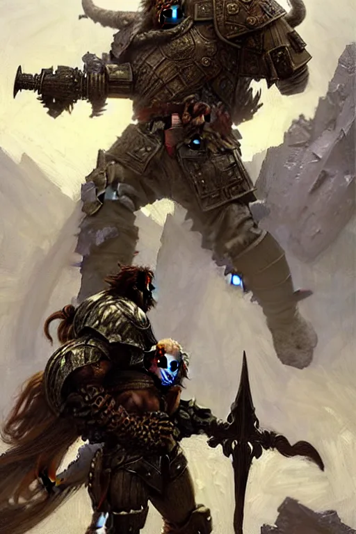 Image similar to giant hulking heavily armoured fantasy warrior with a lion head hood with a backpack full of swords and axes, portrait dnd, painting by gaston bussiere, craig mullins, greg rutkowski, yoji shinkawa