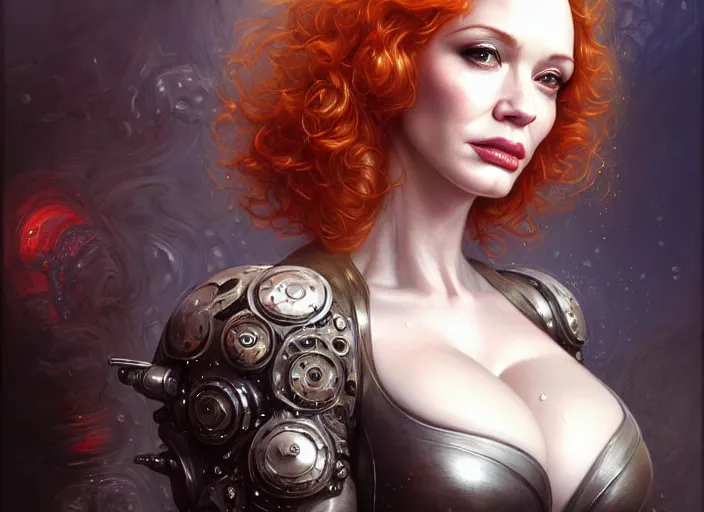 Image similar to portrait shot of christina hendricks in cyberpunk clothed, shiny skin, wet, oily, intricate, elegant, highly detailed, centered, digital painting, artstation, concept art, smooth, sharp focus, illustration, artgerm, tomasz alen kopera, peter mohrbacher, donato giancola, joseph christian leyendecker, wlop, boris vallejo