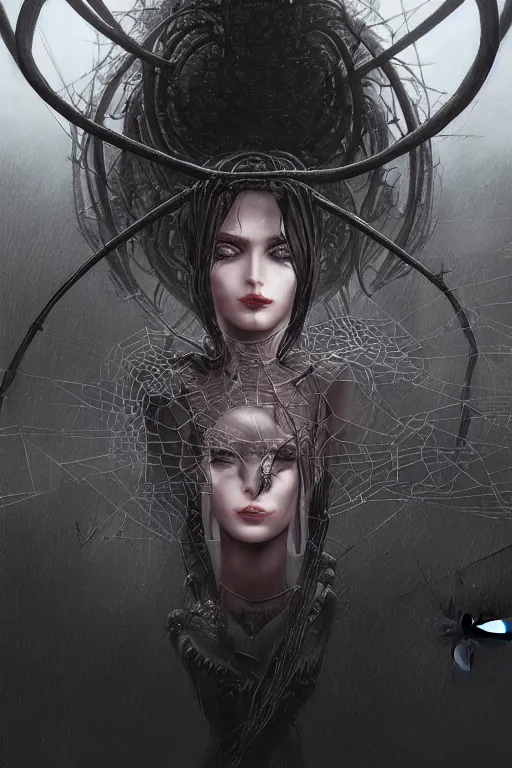 Image similar to ultra realist and ultra intricate detailed soft painting of an arachne, symmetry features, sensual gloomy style, volumetric clouds, cyberpunk background, artstation, unreal render, depth of field