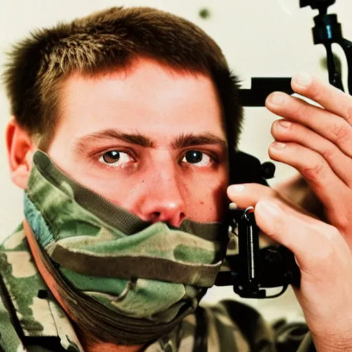 Image similar to filmic extreme close up shot movie still 4 k uhd interior 3 5 mm film color photograph of a scientist putting his hands into the mouth of a camouflaged solder in a lab in antarctica