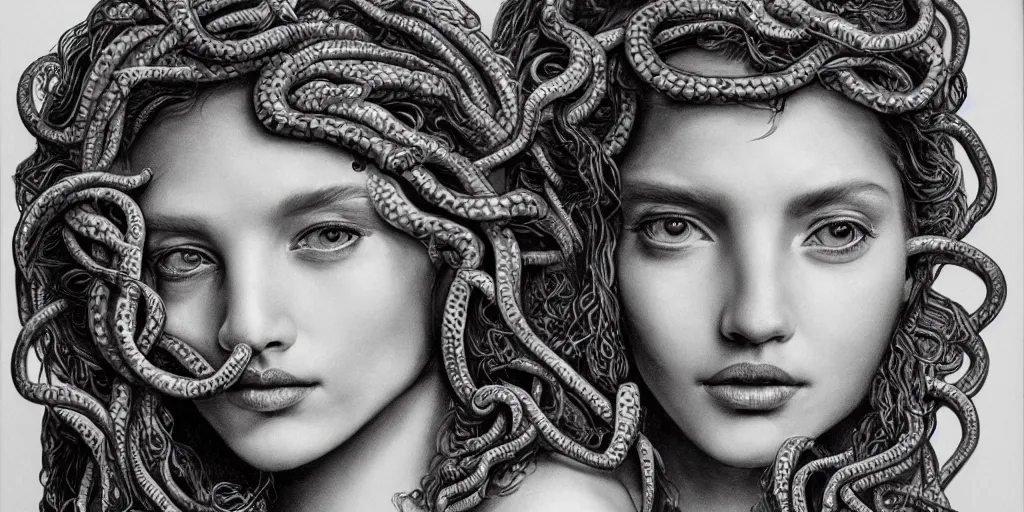 Image similar to realistic portrait of beautiful medusa with her snakes, golden, delicate, facing camera, hyper realism, 1 4 5 0, ink, ultra realistic, 8 k