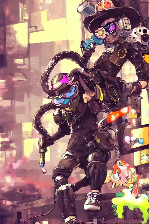 Image similar to splatoon nintendo dynamic poses digital painting on canvas, victorian steampunk, yoji shinkawa, yoshitaka amano, cyberpunk, trending on artstation, featured on pixiv, cinematic composition, 8 k