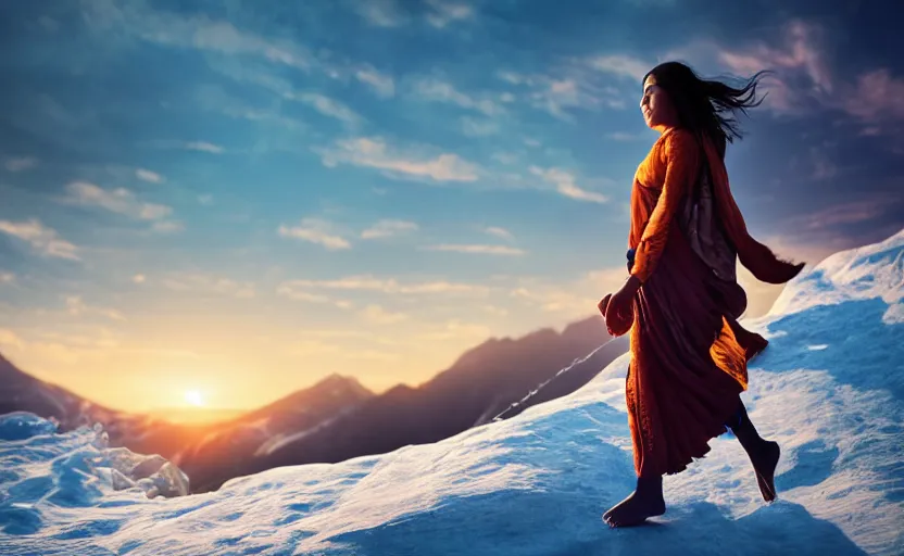 Image similar to Himalayan woman walking barefoot in the snow, beautiful flowing fabric, sunset, dramatic angle, cold, lost, hopeless, dynamic pose, 8k hdr pixiv dslr photo by Makoto Shinkai ilya kuvshinov and Wojtek Fus