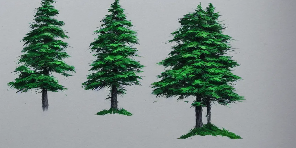 Prompt: elaborate concept art sketches of green spruce trees in a side view, trending on artstation in a stylized studio ghibli look, high quality detailed, award winning