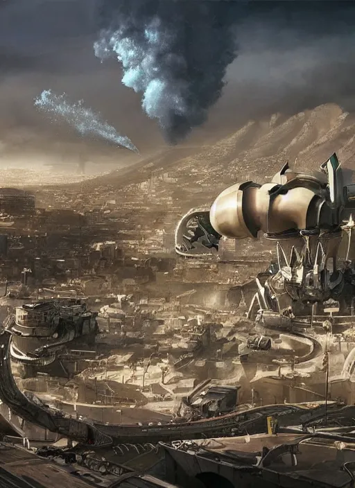 Image similar to hyper realistic squid shaped robot attacking cape town city, table mountain explosions, atmospheric beautiful details, strong composition drawn in ink by kim jung giu weta studio rutkowski, james gurney and greg rutkowski, and lucasfilm