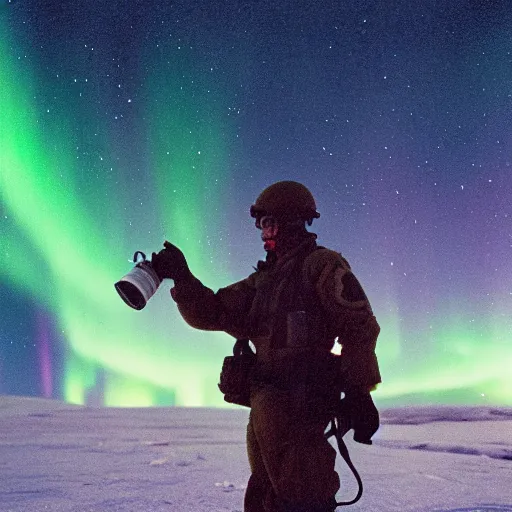 Image similar to a high quality color extreme closeup film 3 5 mm depth of field photograph of a us soldier's face as he frantically iss pouring a can of gasoline along the perimeter of homes in mcmurdoch station in antarctica in 1 9 8 2 with the aurora borealis in the sky at night