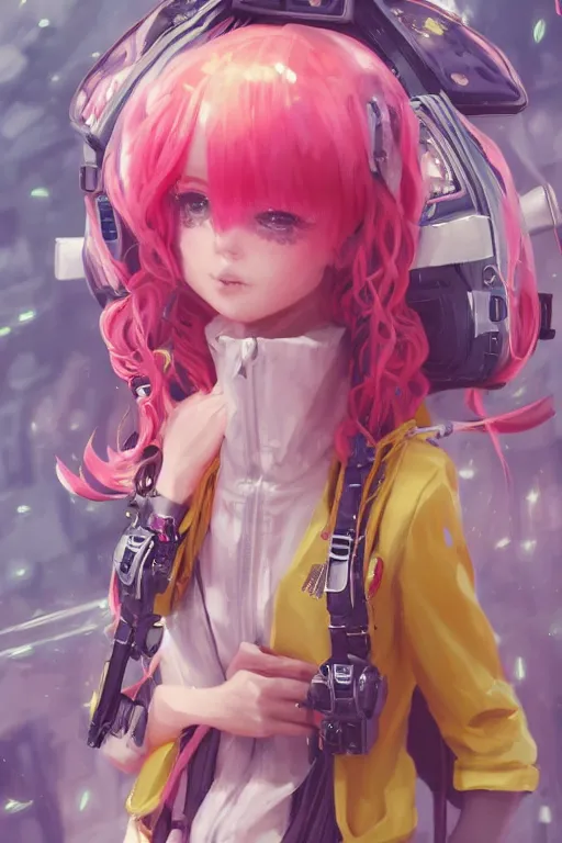 Image similar to a cute girl, pink hair covered with hairpins, big eyes ， yellow inflatable loose plastic cyber technology jacket, huge jet rocket engine backpack, fantasy art by guweiz, sleek curves, intricate sharp focus, trending on artstation hq, deviantart, pinterest, unreal engine 5, highly detailed, 4 k uhd image