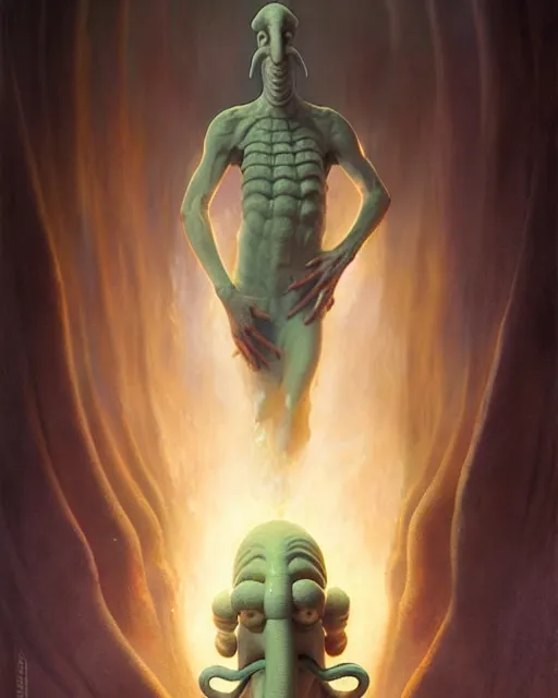 Image similar to squidward from spongebob squarepants, radiant light, caustics, by boris vallejo, gaston bussiere, bayard wu, greg rutkowski, giger, maxim verehin